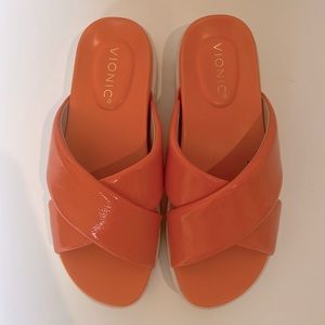 Vionic puff sandal in sunset orange, with built in orthotic and chunky sandal